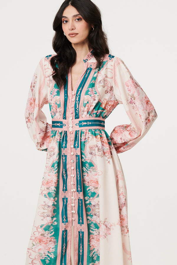 Green | Border Print V-Neck Buttoned Maxi Dress