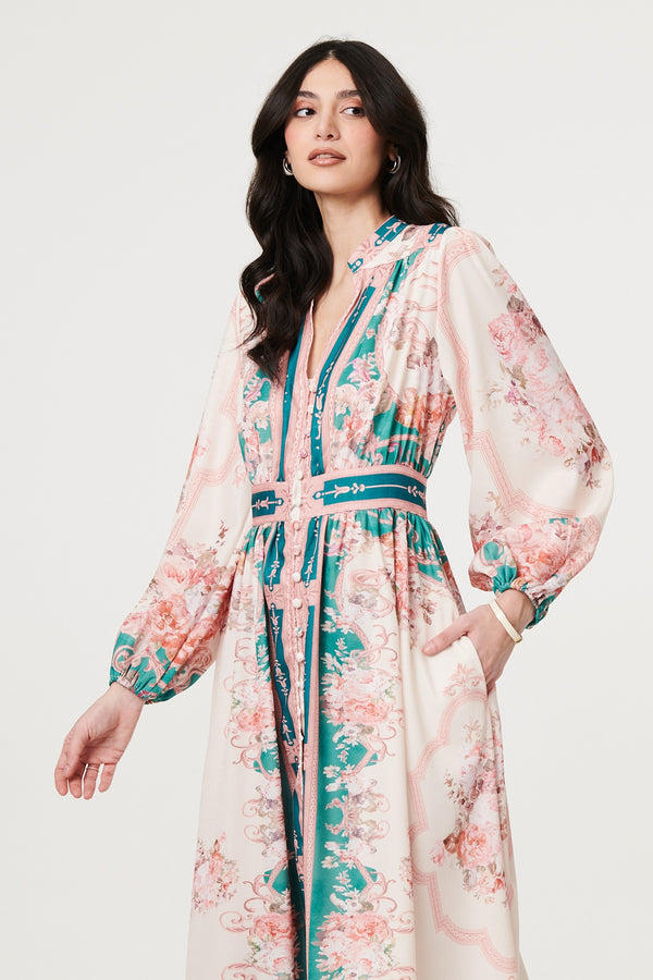 Green | Border Print V-Neck Buttoned Maxi Dress