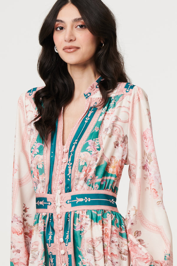 Green | Border Print V-Neck Buttoned Maxi Dress