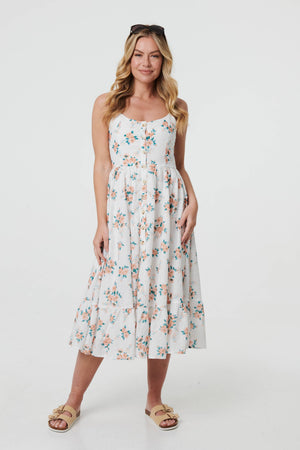 White | Floral A-Line Cami Strap Midi Dress
