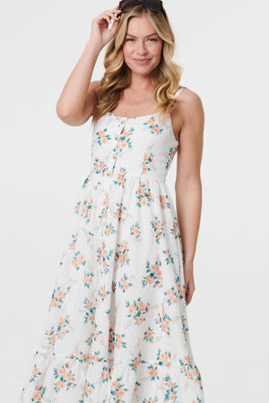 White | Floral A-Line Cami Strap Midi Dress
