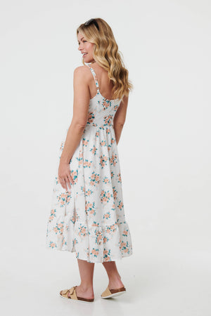 White | Floral A-Line Cami Strap Midi Dress
