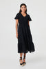 Black | Smocked Flared Sleeve Tiered Midi Dress
