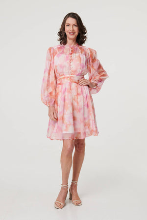 Pink | High Neck Semi Sheer Short Dress

