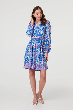 Blue | Printed Long Sleeve Shirred Short Dress
