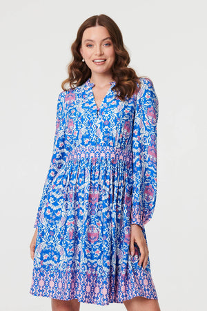 Blue | Printed Long Sleeve Shirred Short Dress
