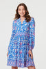Blue | Printed Long Sleeve Shirred Short Dress
