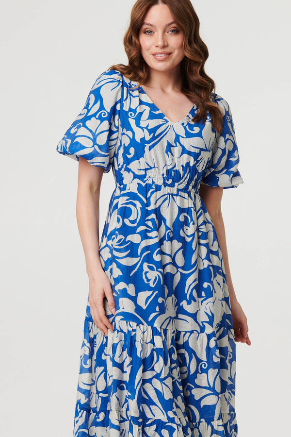 Blue | Floral Puff Sleeve Tiered Midi Dress