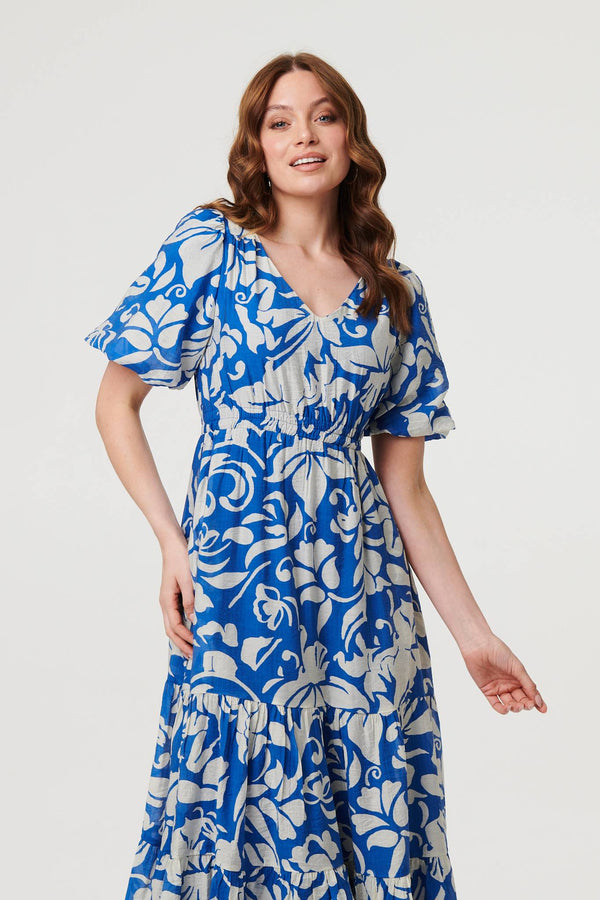 Blue | Floral Puff Sleeve Tiered Midi Dress