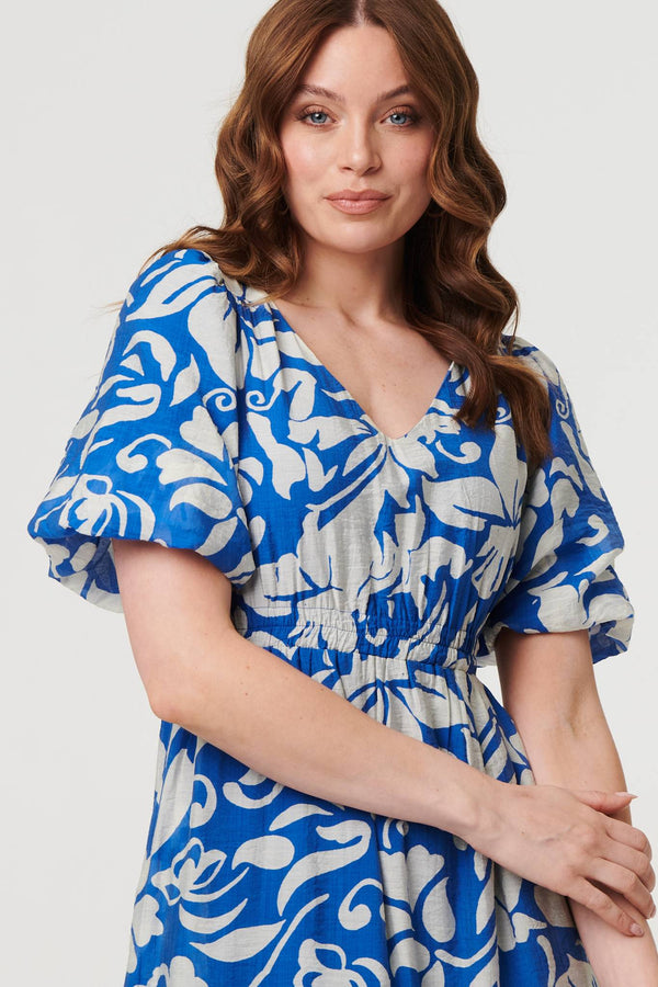 Blue | Floral Puff Sleeve Tiered Midi Dress
