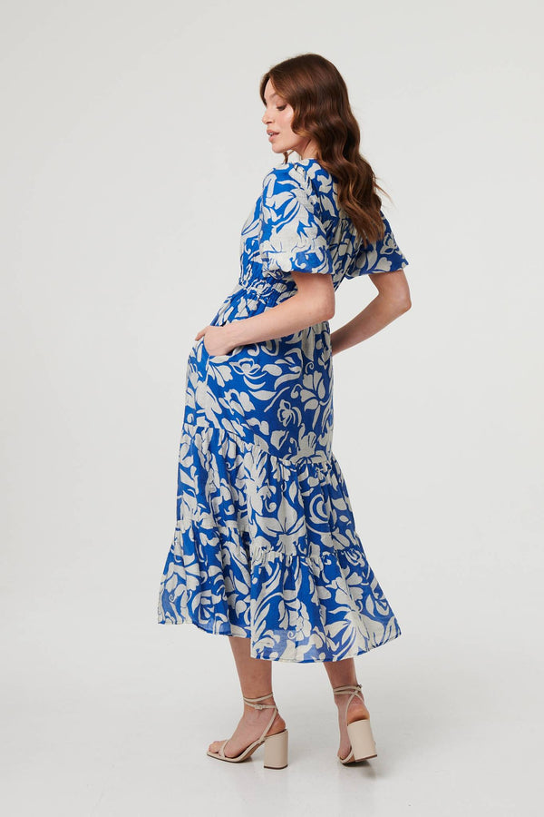 Blue | Floral Puff Sleeve Tiered Midi Dress