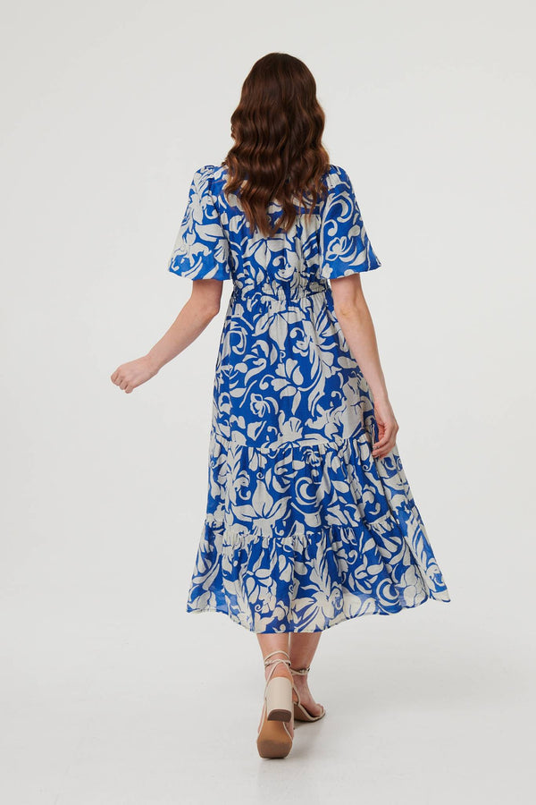 Blue | Floral Puff Sleeve Tiered Midi Dress