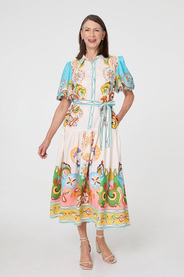 Beige | Abstract Border Tie Waist Midi Dress