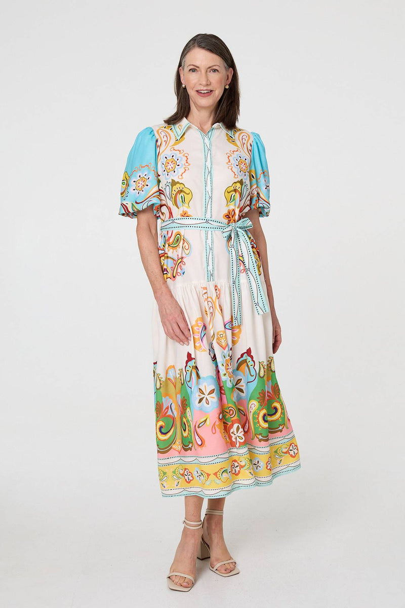 knee length dresses for ladies Abstract Border Tie Waist Midi Dress