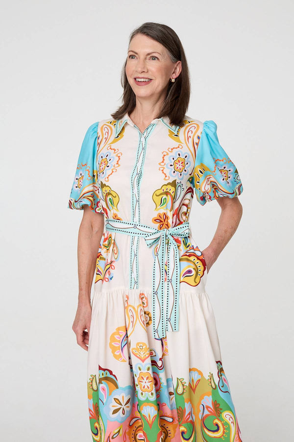 Beige | Abstract Border Tie Waist Midi Dress