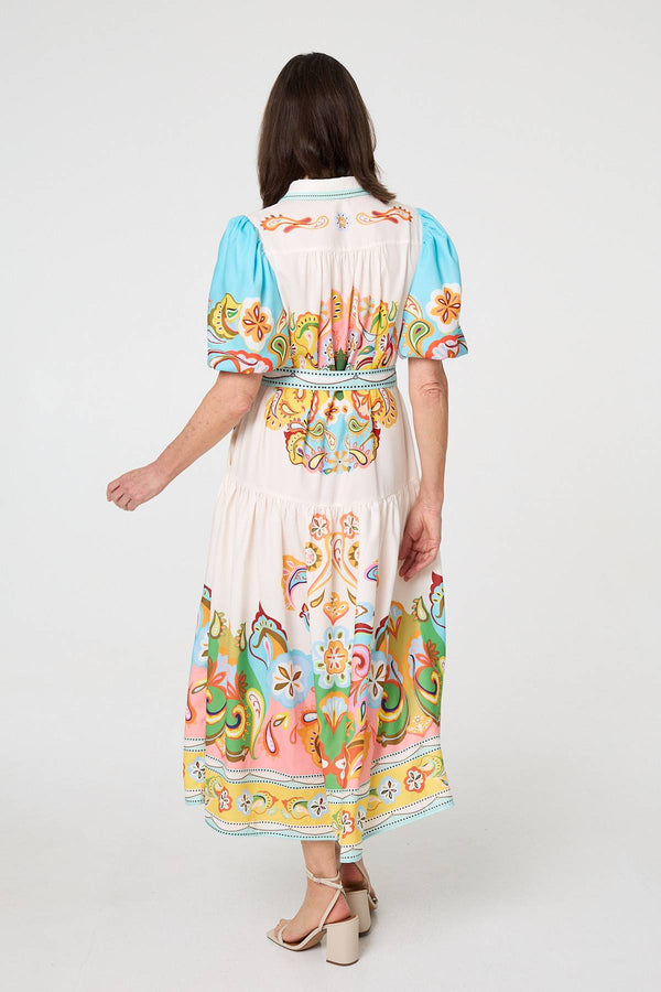 Beige | Abstract Border Tie Waist Midi Dress