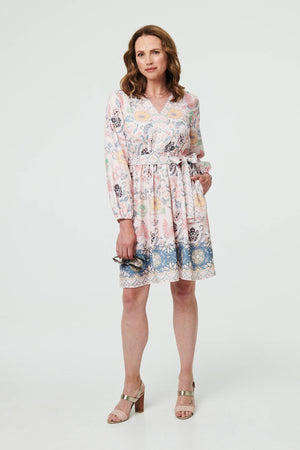 Pink | Border Print Tie Waist Knee Length Dress
