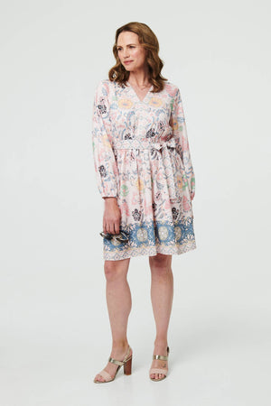 Pink | Border Print Tie Waist Knee Length Dress
