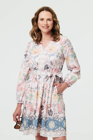 Pink | Border Print Tie Waist Knee Length Dress
