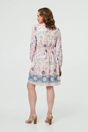 Pink | Border Print Tie Waist Knee Length Dress
