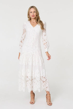 White | Floral Lace Layer Long Sleeve Maxi Dress : Model is 5'10