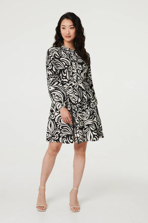 Black | Printed Long Sleeve Knee Length Dress
