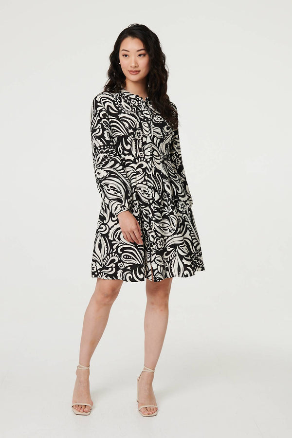 Black | Printed Long Sleeve Knee Length Dress
