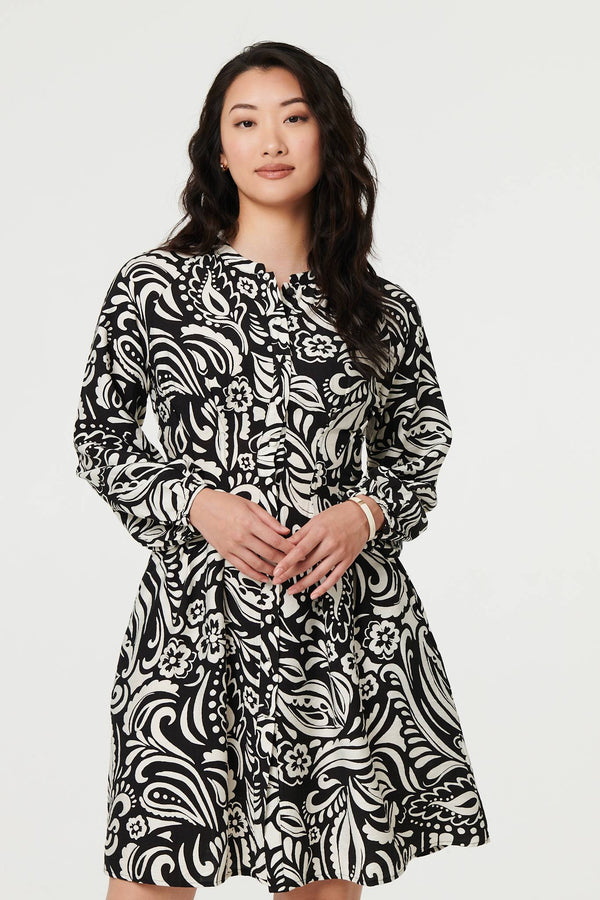 Black | Printed Long Sleeve Knee Length Dress
