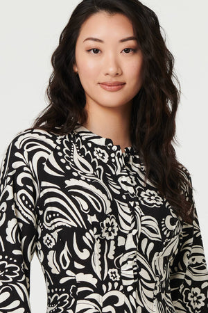 Black | Printed Long Sleeve Knee Length Dress
