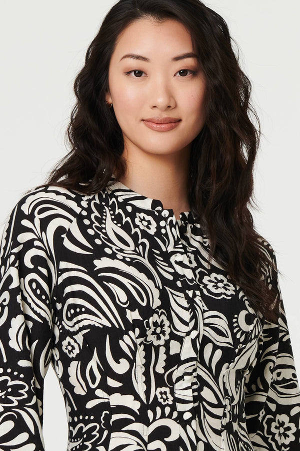 Black | Printed Long Sleeve Knee Length Dress
