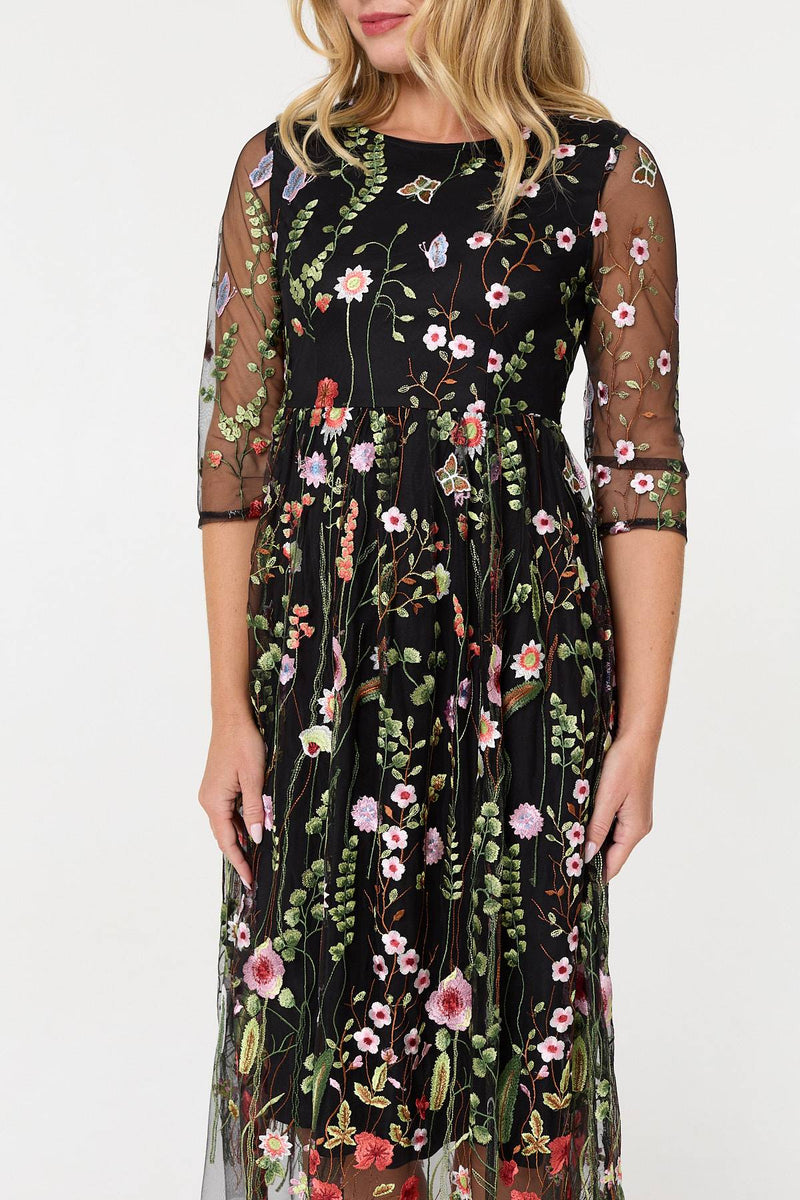 Floral Embroidered Mesh Midi Dress | Izabel London Floral Embroidered Mesh Midi Dress | Izabel London