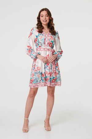 Red | Floral Tie Waist Long Sleeve Short Dress