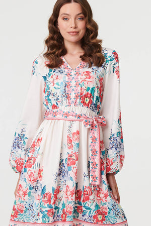 Red | Floral Tie Waist Long Sleeve Short Dress
