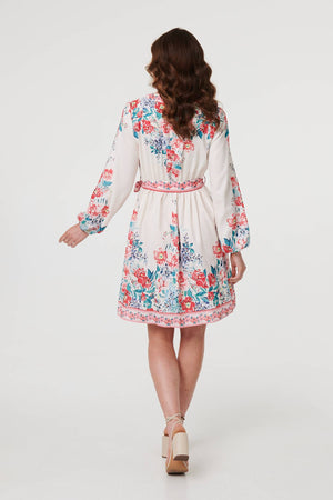 Red | Floral Tie Waist Long Sleeve Short Dress