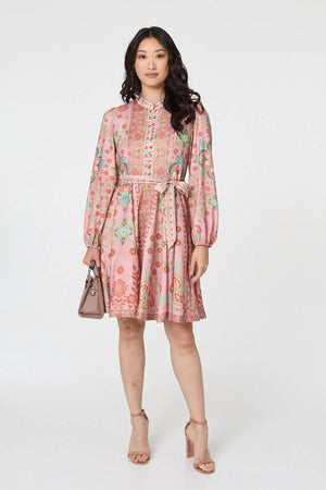 Rust | Floral Tie Waist Knee Length Dress
