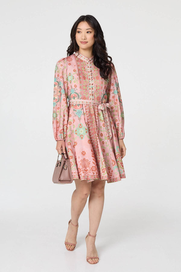 Rust | Floral Tie Waist Knee Length Dress
