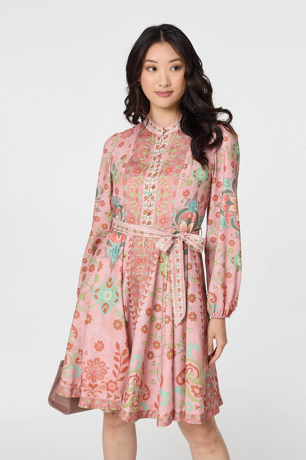 Rust | Floral Tie Waist Knee Length Dress
