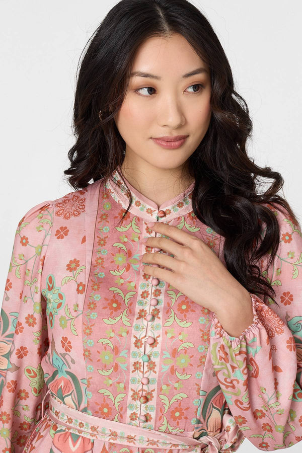 Rust | Floral Tie Waist Knee Length Dress
