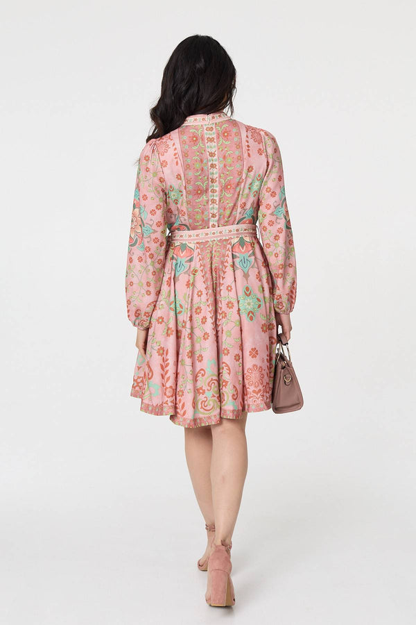 Rust | Floral Tie Waist Knee Length Dress
