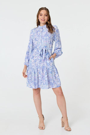 Blue | Printed High Neck Short Shirt Dress
