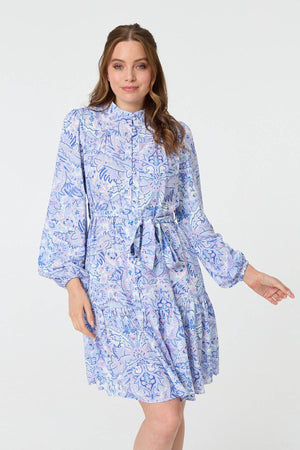 Blue | Printed High Neck Short Shirt Dress
