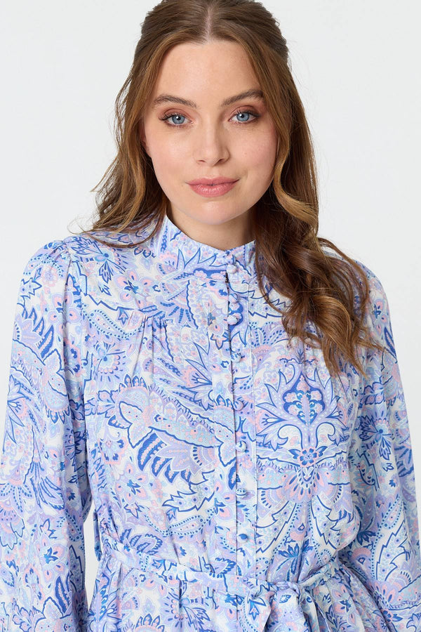 Blue | Printed High Neck Short Shirt Dress
