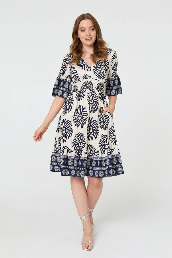 Blue | Printed 1/2 Sleeve Knee Length Dress
