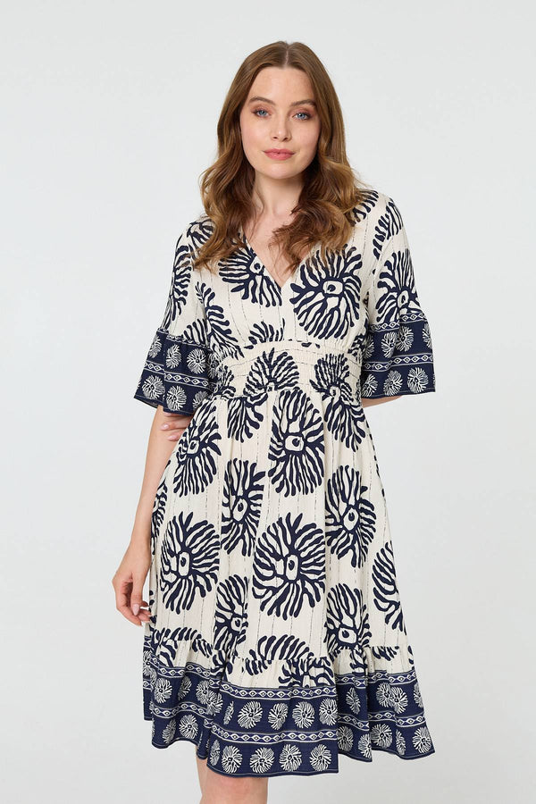 Blue | Printed 1/2 Sleeve Knee Length Dress
