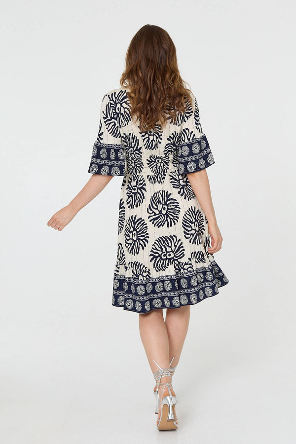 Blue | Printed 1/2 Sleeve Knee Length Dress
