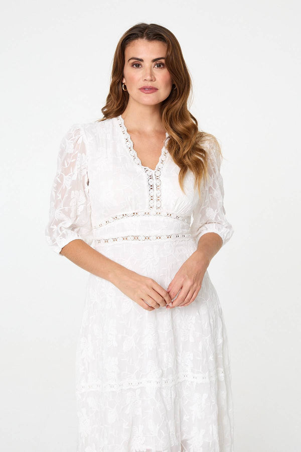 White | Lace 3/4 Sleeve Tiered Maxi Dress
