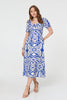 Blue | Printed Puff Sleeve A-Line Midi Dress
