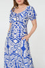 Blue | Printed Puff Sleeve A-Line Midi Dress
