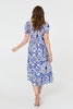 Blue | Printed Puff Sleeve A-Line Midi Dress
