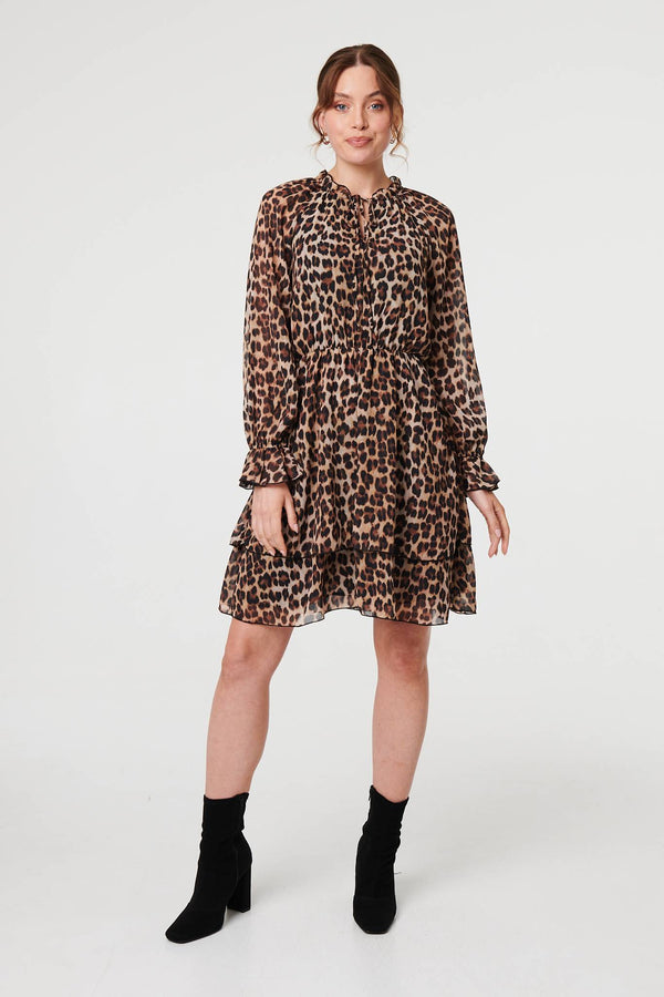 Brown | Animal Print Ruched Tie Neck Short Dress
